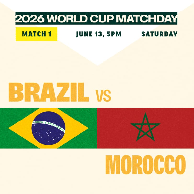 2026 World Cup Matchday graphic for Brazil vs. Morocco, June 13, 5 PM, Saturday.