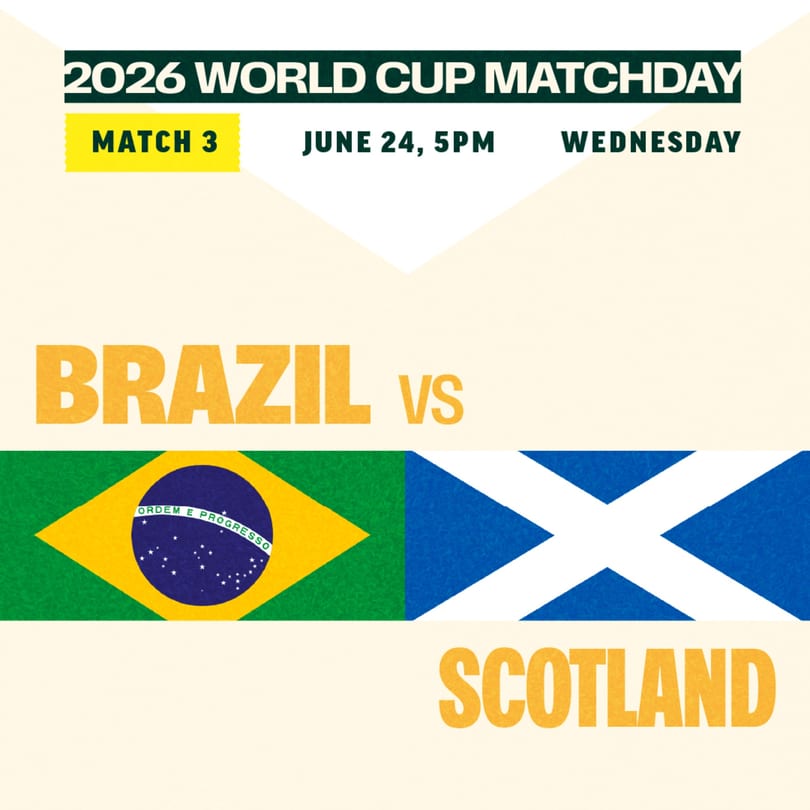 A World Cup matchday graphic showing Brazil vs. Scotland, with their flags and match details.