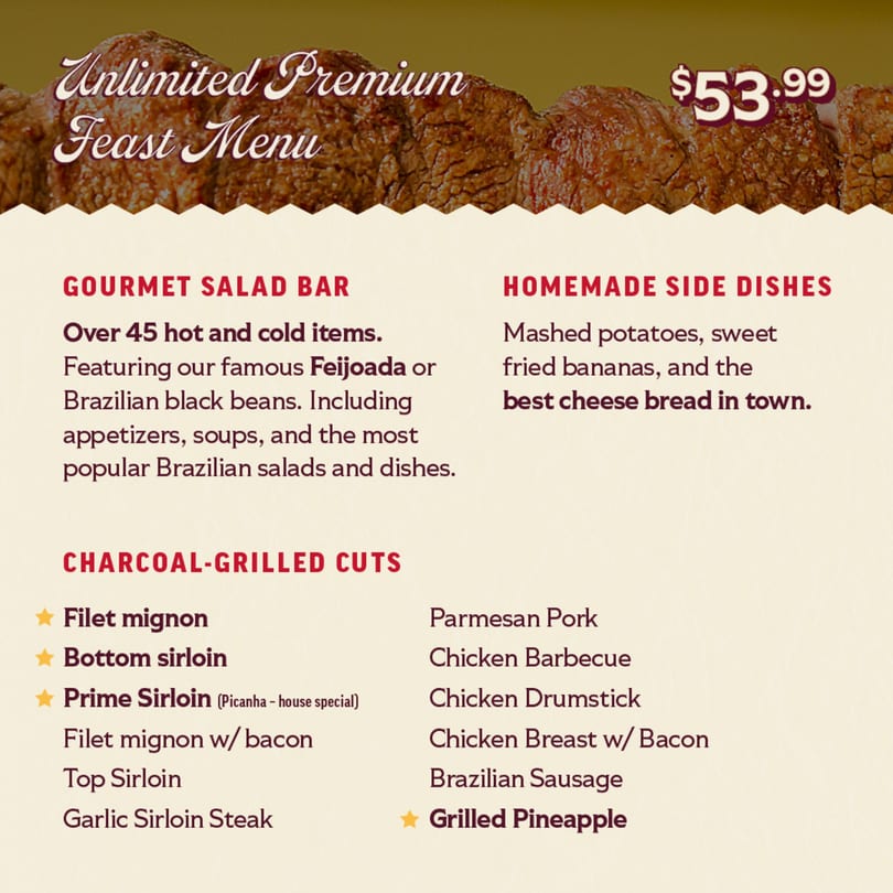 A menu for an unlimited premium feast, featuring grilled meats, a gourmet salad bar, and homemade side dishes.