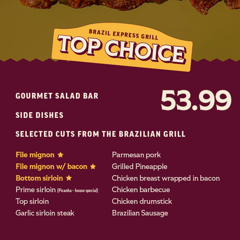 Brazil Express Grill menu with "Top Choice" banner, listing gourmet salad bar, side dishes, and various grilled meats.