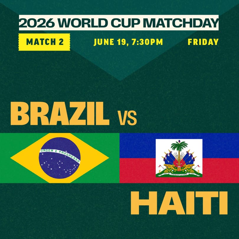 2026 World Cup Matchday graphic for Brazil vs. Haiti, scheduled for June 19, 7:30 PM.