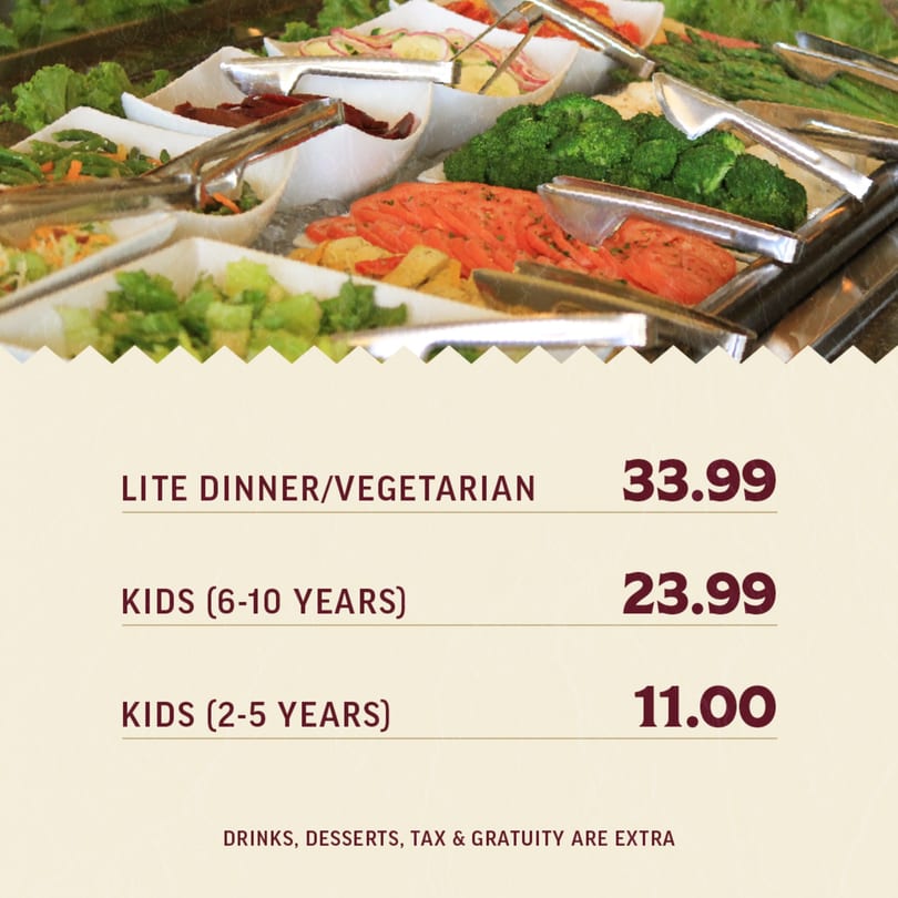Brazil Express Grill's salad bar with various fresh vegetables and tongs, alongside menu pricing.