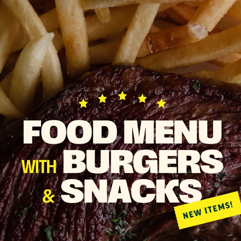 Close-up of a grilled steak and french fries with text "FOOD MENU WITH BURGERS & SNACKS".